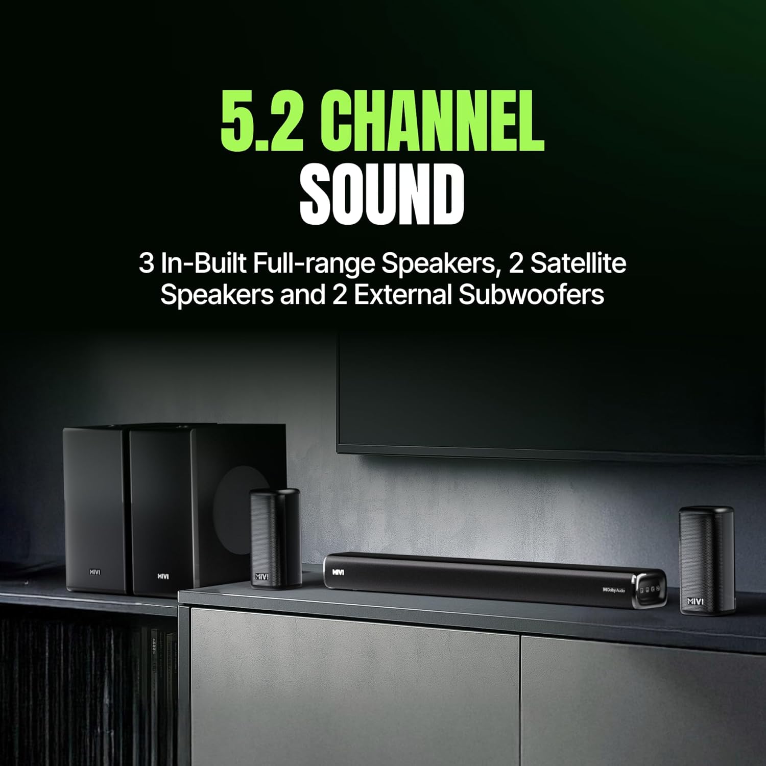 Mivi Superbars Cinematic 900W Premium Dolby Home Theatre System [Newly Launch] with Dual Subwoofers soundbar, 5.2 Channel, EQ & Input Modes, BT v5.3, Sound bar