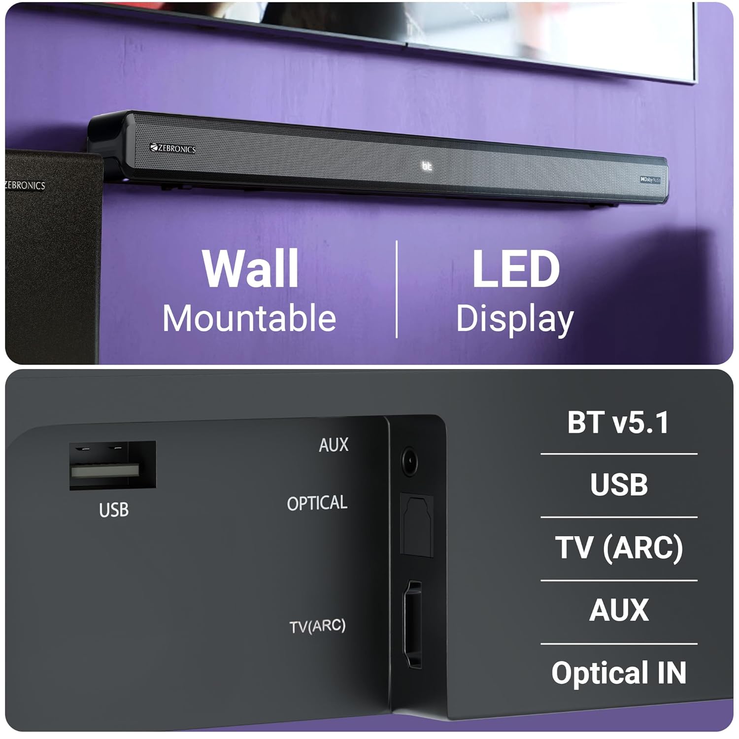 ZEBRONICS Juke BAR 9510WS PRO Dolby 5.1 Soundbar, Dolby Audio, 600 Watts, Wireless (Dual Rear Satellites & 6.5" Subwoofer), Triple Driver Soundbar, Bluetooth v5.1 | HDMI (ARC) | Optical | USB | AUX