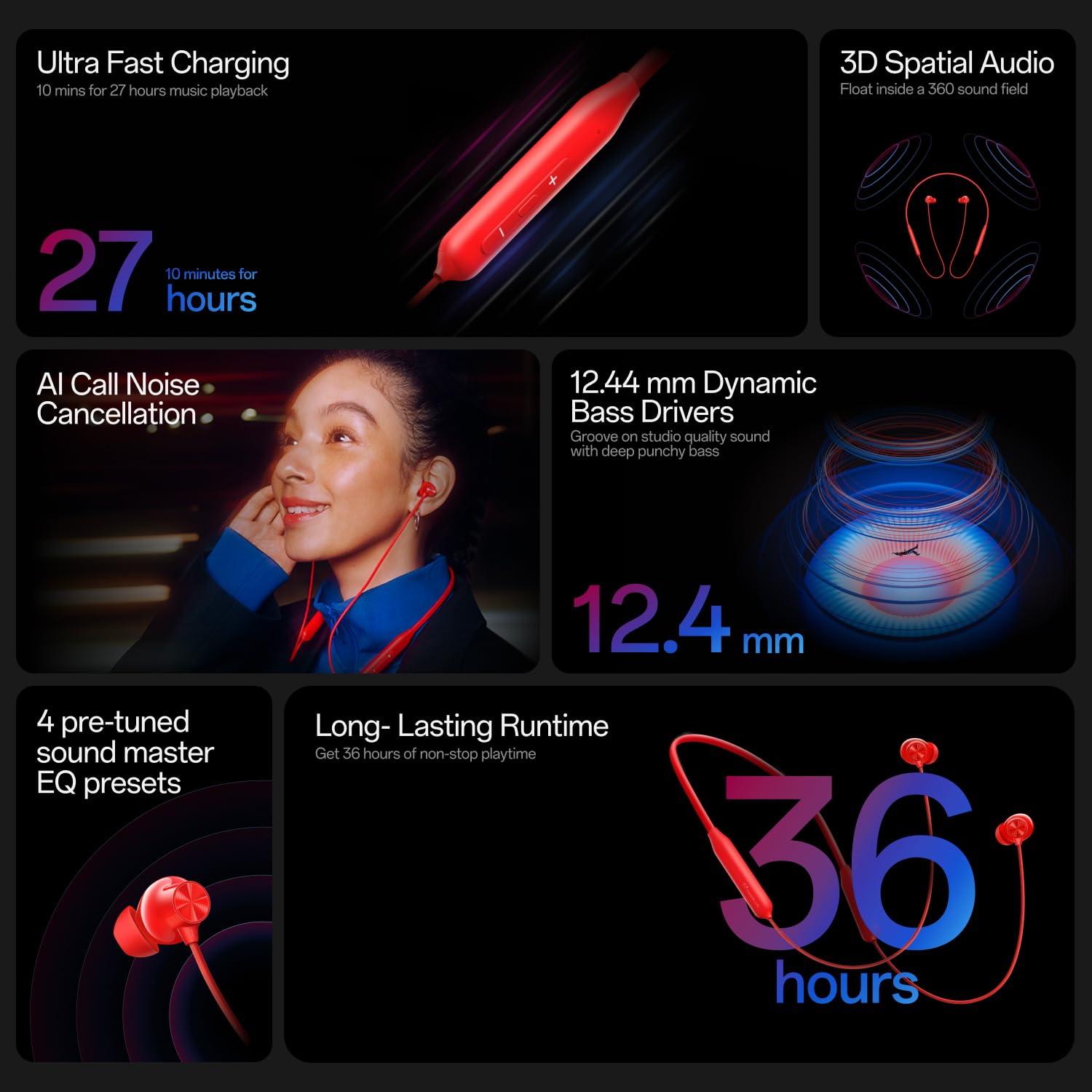 OnePlus Bullets Wireless Z3 in-Ear Neckband with 12.4mm Drivers, 3D Spatial Audio,10 mins Charge for 27 hrs Playback, 4 EQ preset, Dynamic bass Enhancement & BT5.4