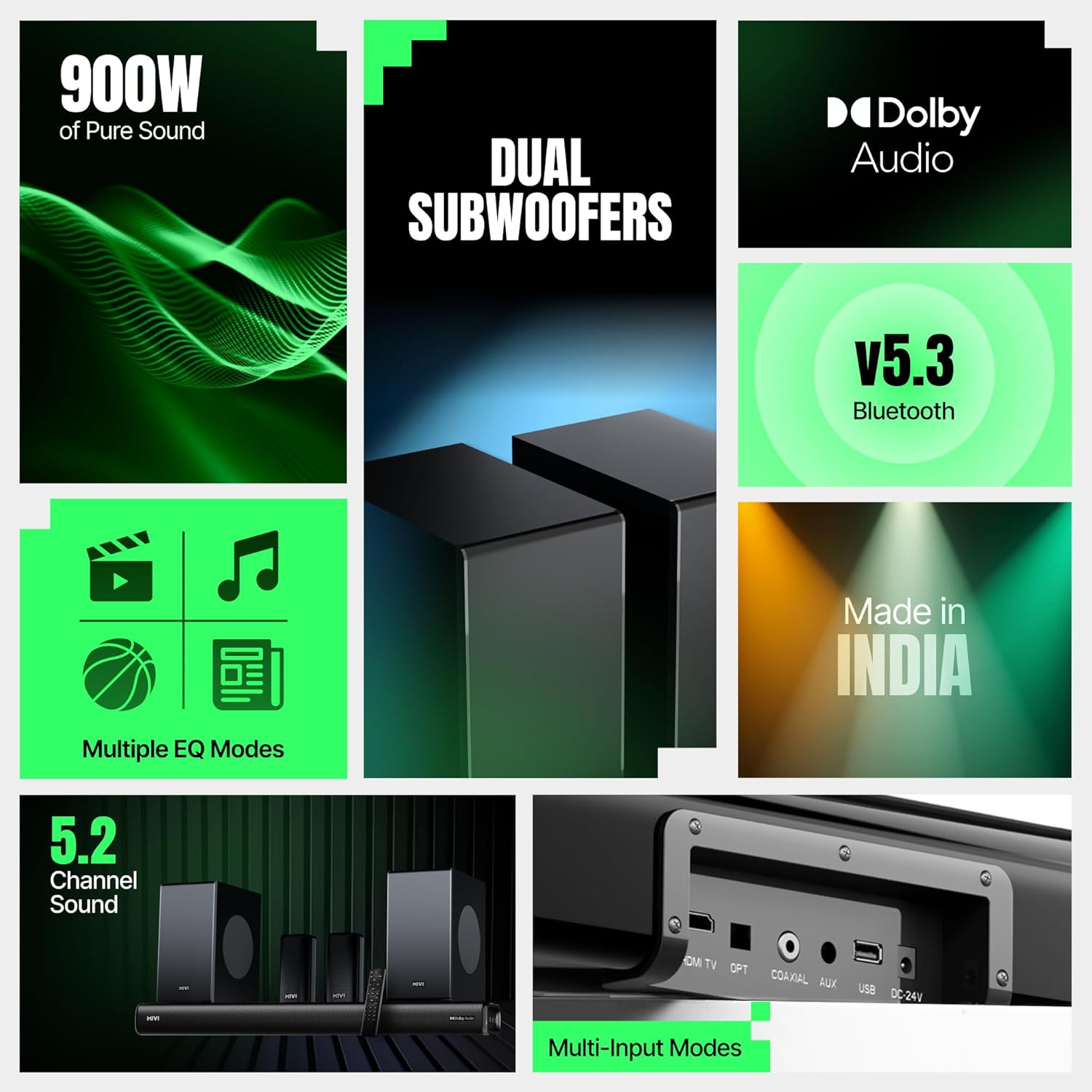 Mivi Superbars Cinematic 900W Premium Dolby Home Theatre System [Newly Launch] with Dual Subwoofers soundbar, 5.2 Channel, EQ & Input Modes, BT v5.3, Sound bar