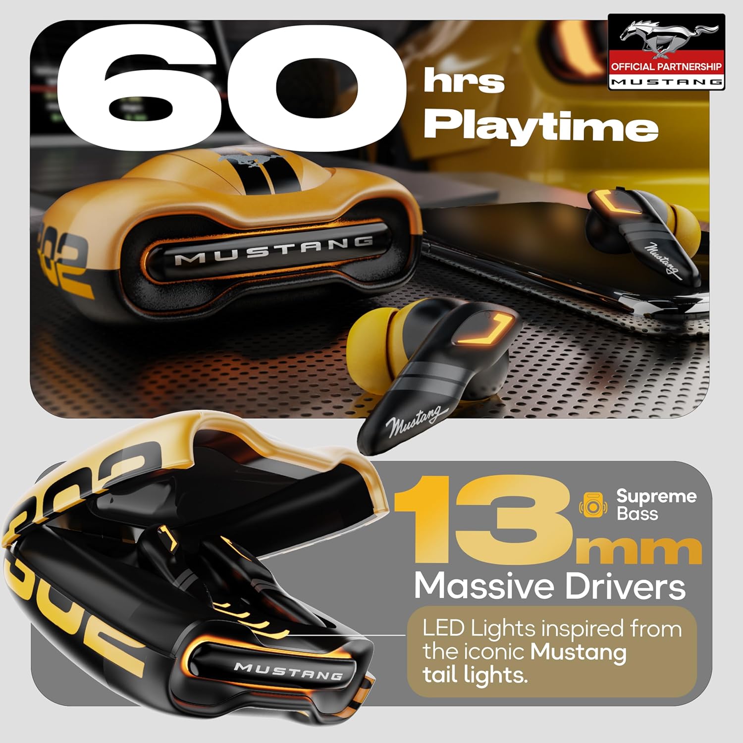 Boult GOBOULT (Formerly Mustang Torq Wireless in Ear Earbuds with 60H Playtime, App Support, Quad Mic ENC, 45ms Low Latency, 13mm Driver, Breathing LEDs, Made in India Ear Buds Wireless (Yellow)