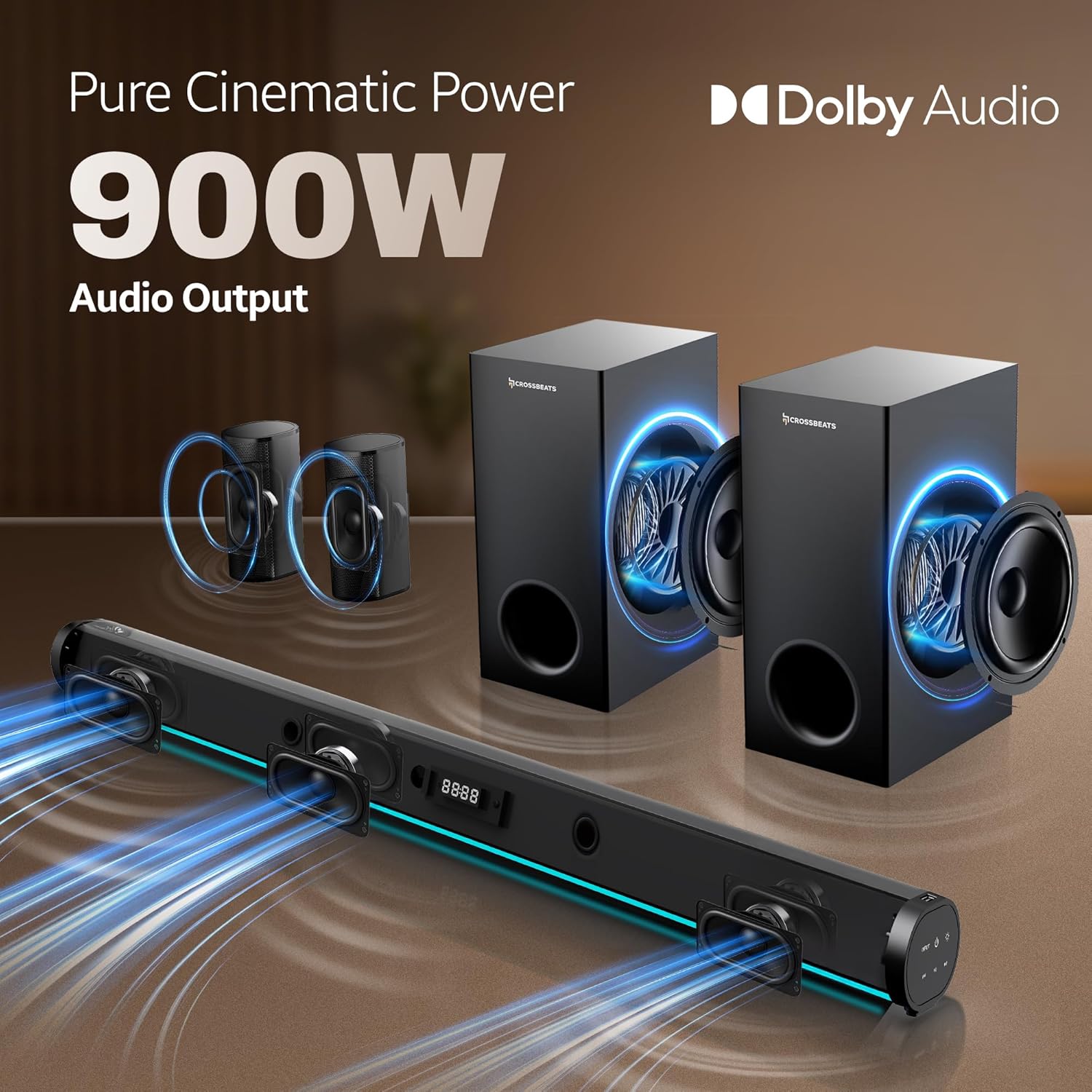 CrossBeats Blaze B2000 5.2 Dolby Home Theater Speaker 900W for TV with 2 subwoofer Satellite Speakers, soundbar for Smart tv | HDMI eARC, USB & Aux | Bluetooth Sound bar Music System Home Theatre