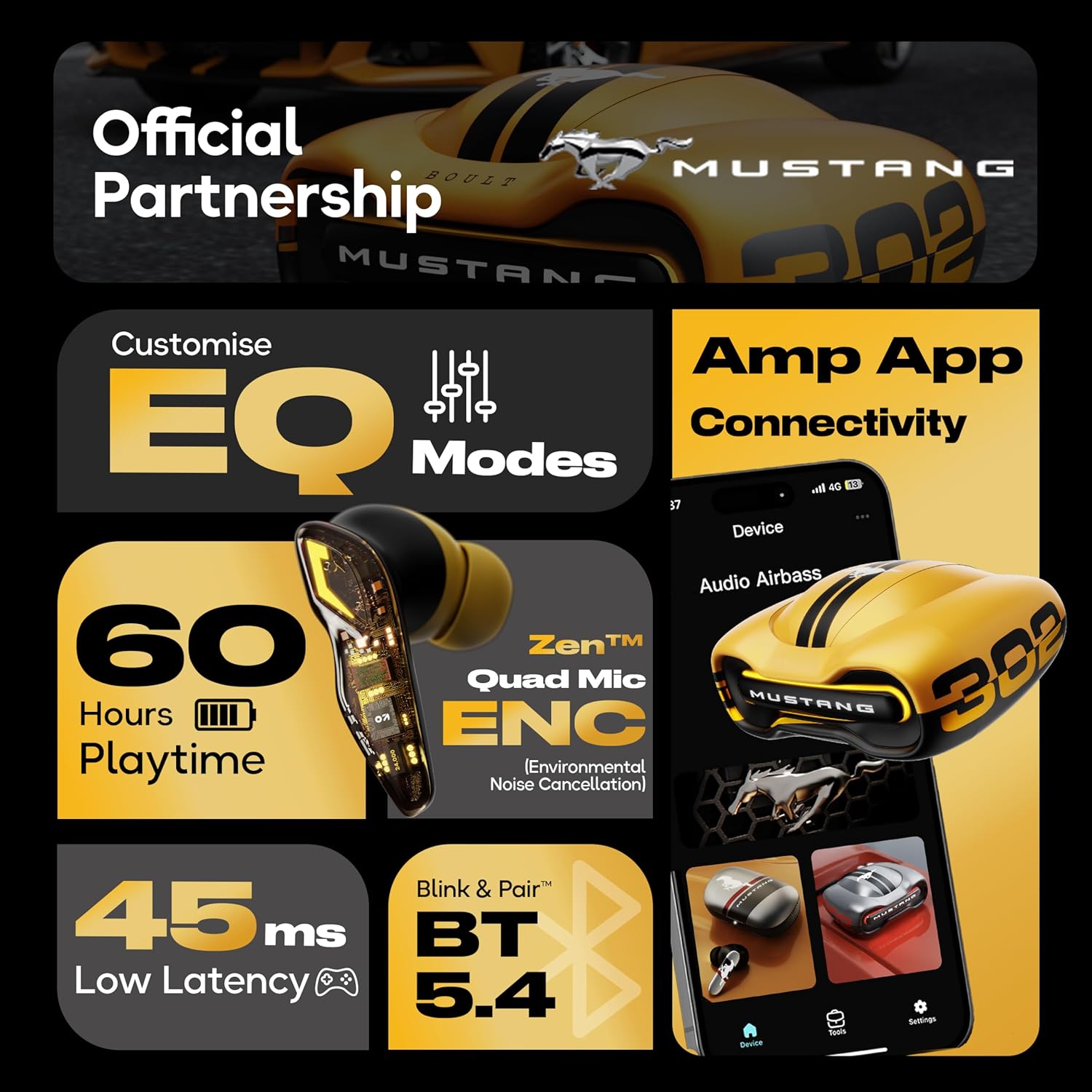 Boult GOBOULT (Formerly Mustang Torq Wireless in Ear Earbuds with 60H Playtime, App Support, Quad Mic ENC, 45ms Low Latency, 13mm Driver, Breathing LEDs, Made in India Ear Buds Wireless (Yellow)