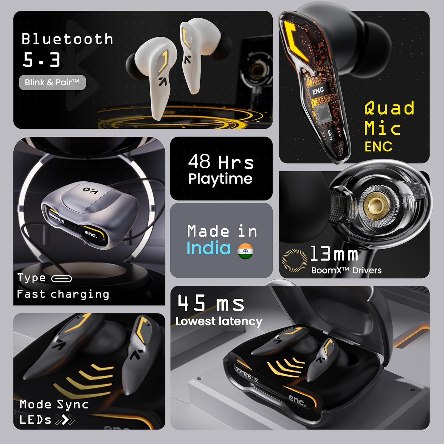 Boult GOBOULT (Formerly Astra with 48H Playtime, Built-in App Support, 45ms Low Latency Gaming, 4 Mics ENC, Breathing LEDs, 13mm Bass Drivers, TWS Ear Buds, Made in India (Smoky Metal)