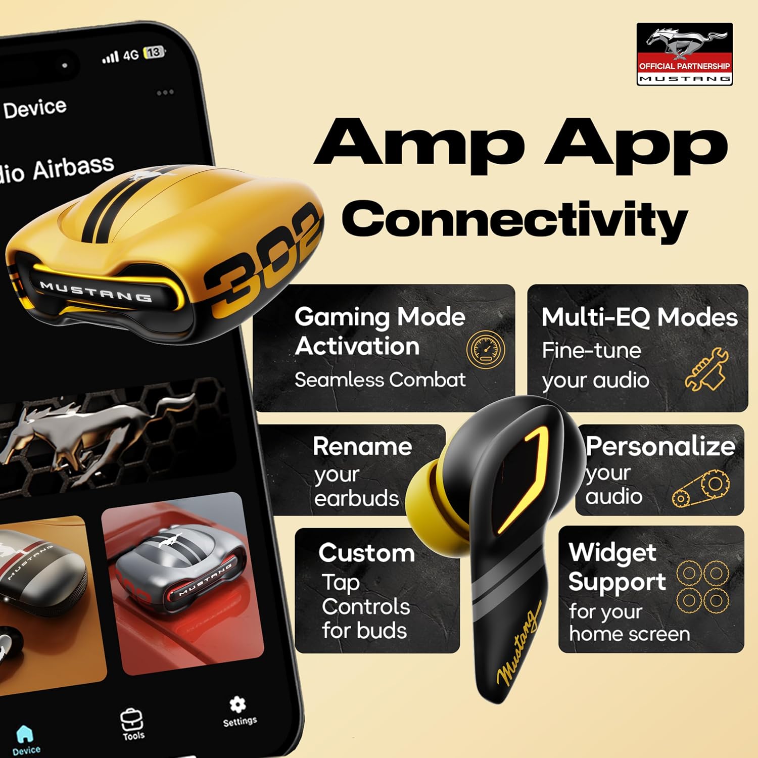 Boult GOBOULT (Formerly Mustang Torq Wireless in Ear Earbuds with 60H Playtime, App Support, Quad Mic ENC, 45ms Low Latency, 13mm Driver, Breathing LEDs, Made in India Ear Buds Wireless (Yellow)